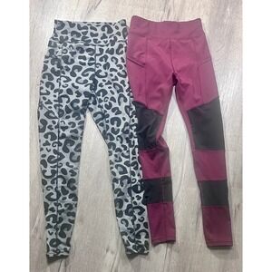 2 pairs pop fit leggings one animal print one maroon and black both small